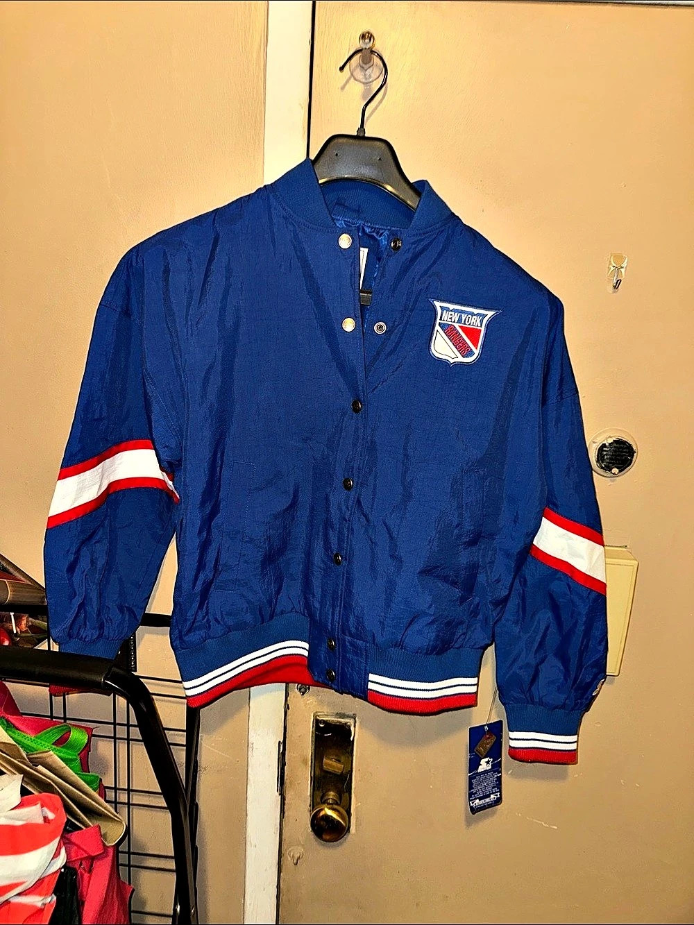 Starter New York Rangers Satin Bomber Jacket Blue & Red Medium